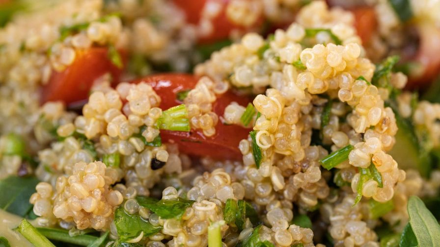 Bowl de lentejas y quinoa servido en un plato con presentación sencilla.