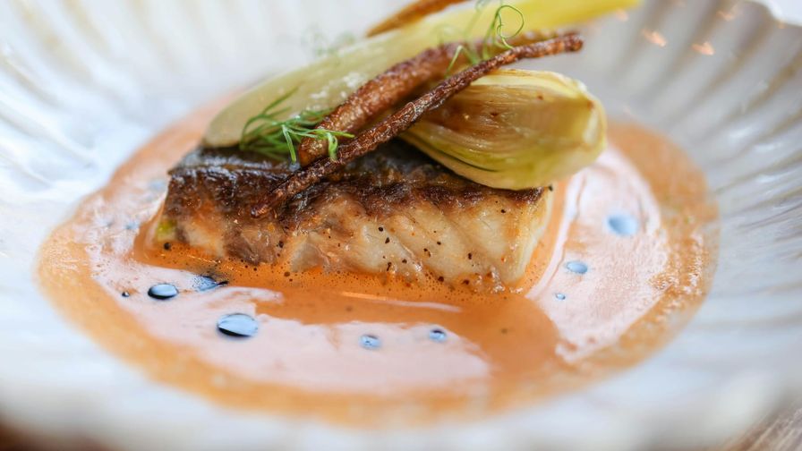 Merluza con puerro y vino blanco servido en un plato con presentación sencilla.